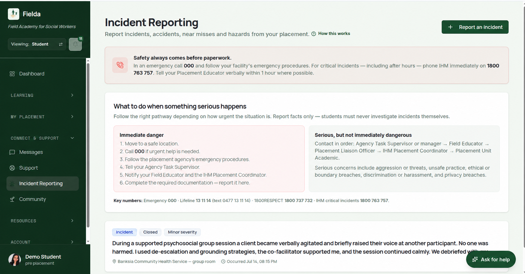 Fielda - Incident Reporting interface