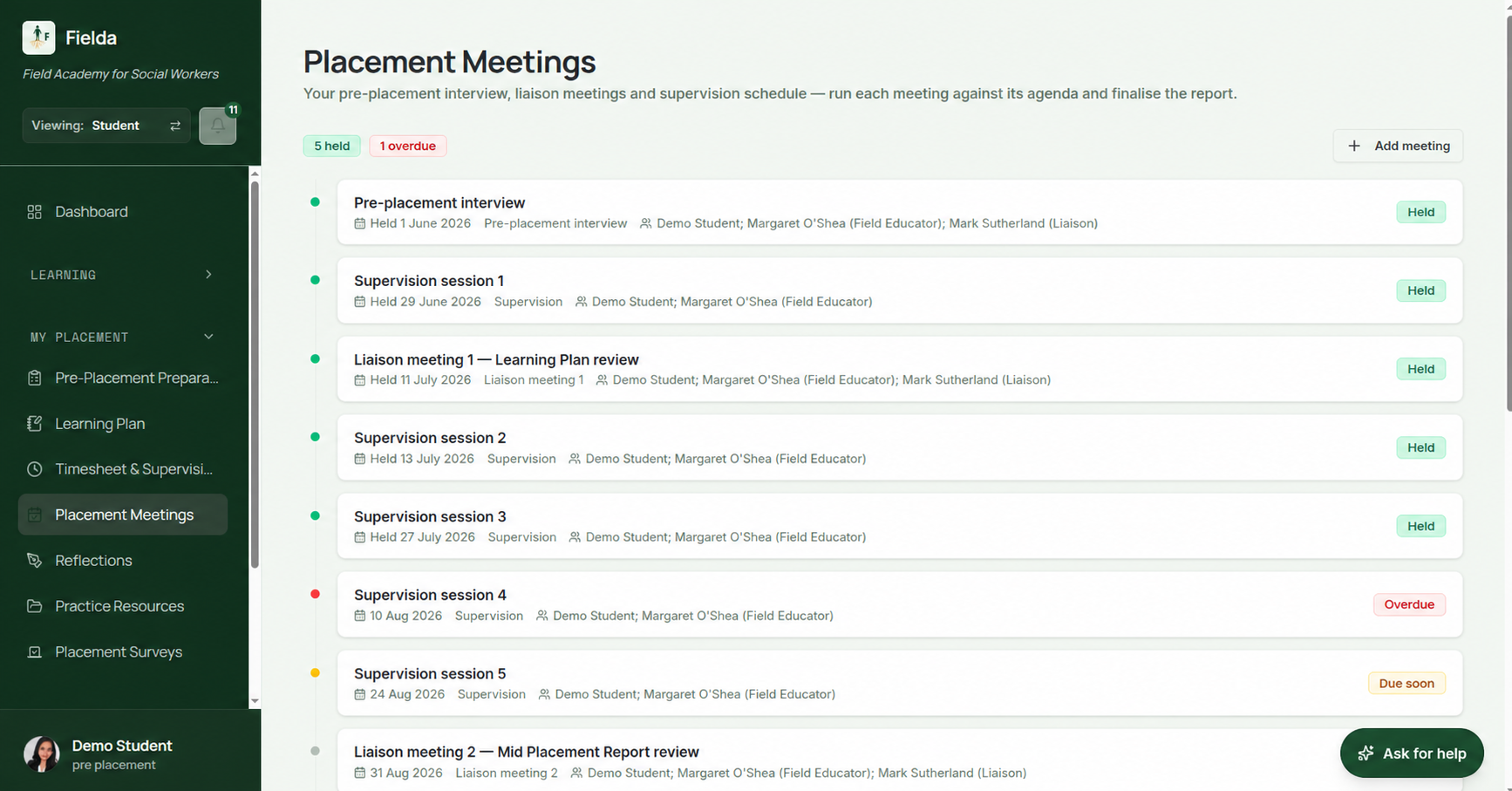 Fielda - Placement Meetings interface
