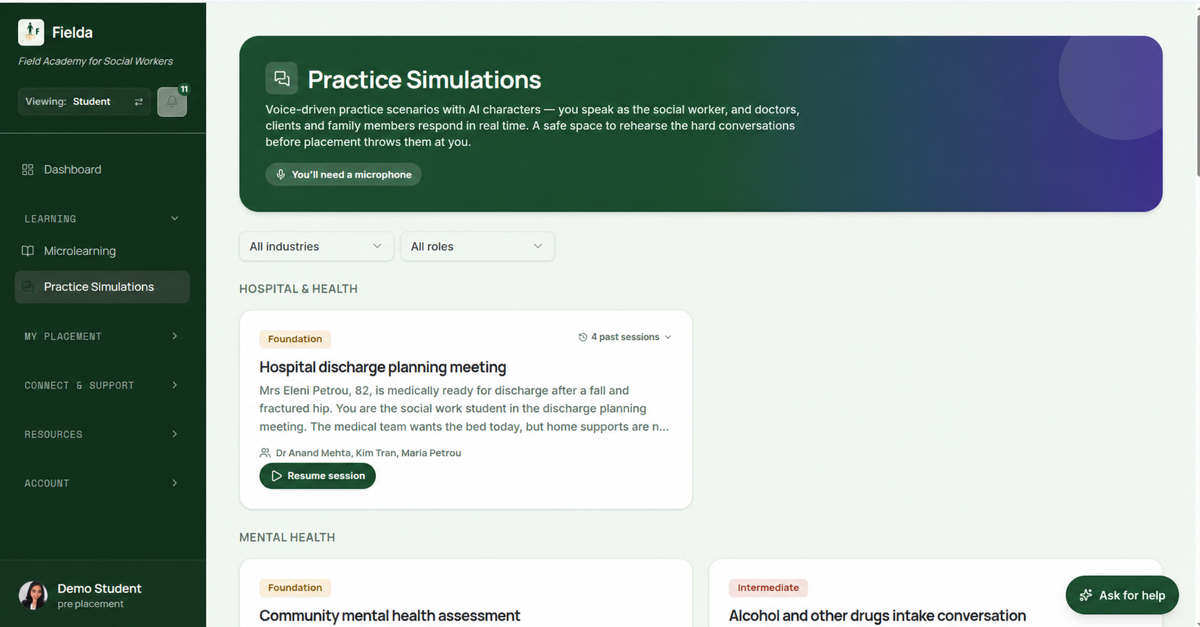 Fielda - Practice Simulations interface