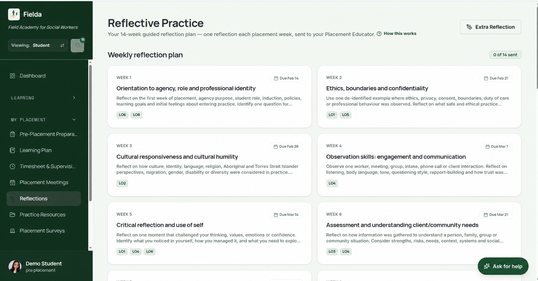 Fielda - Reflective Practice interface