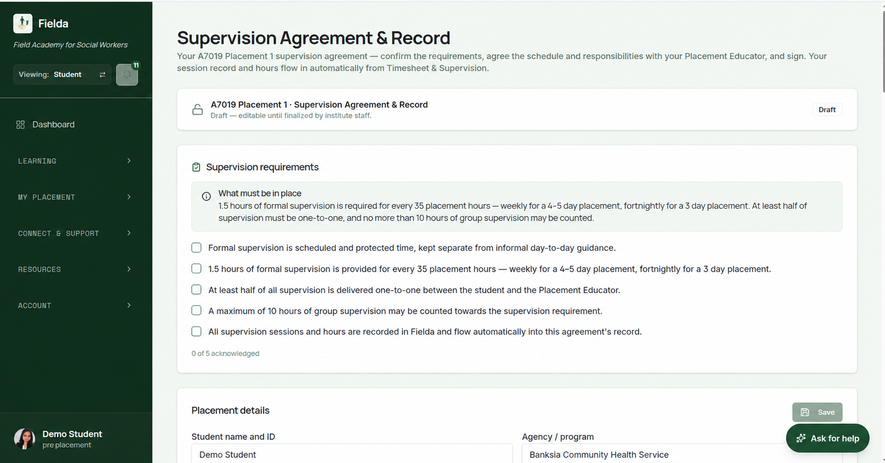Fielda - Supervision Agreement interface