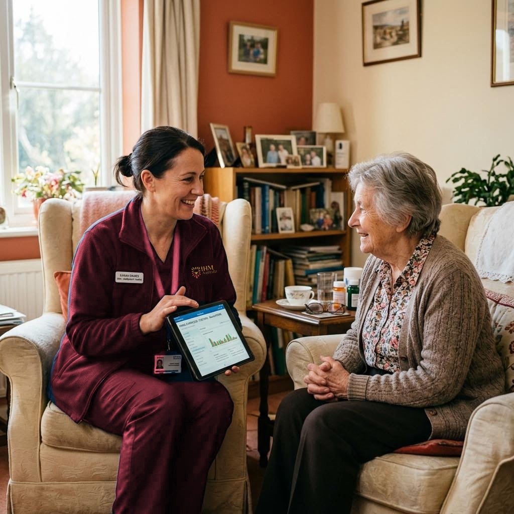 Illustrative image: a community nurse reviewing a digital health record with a patient