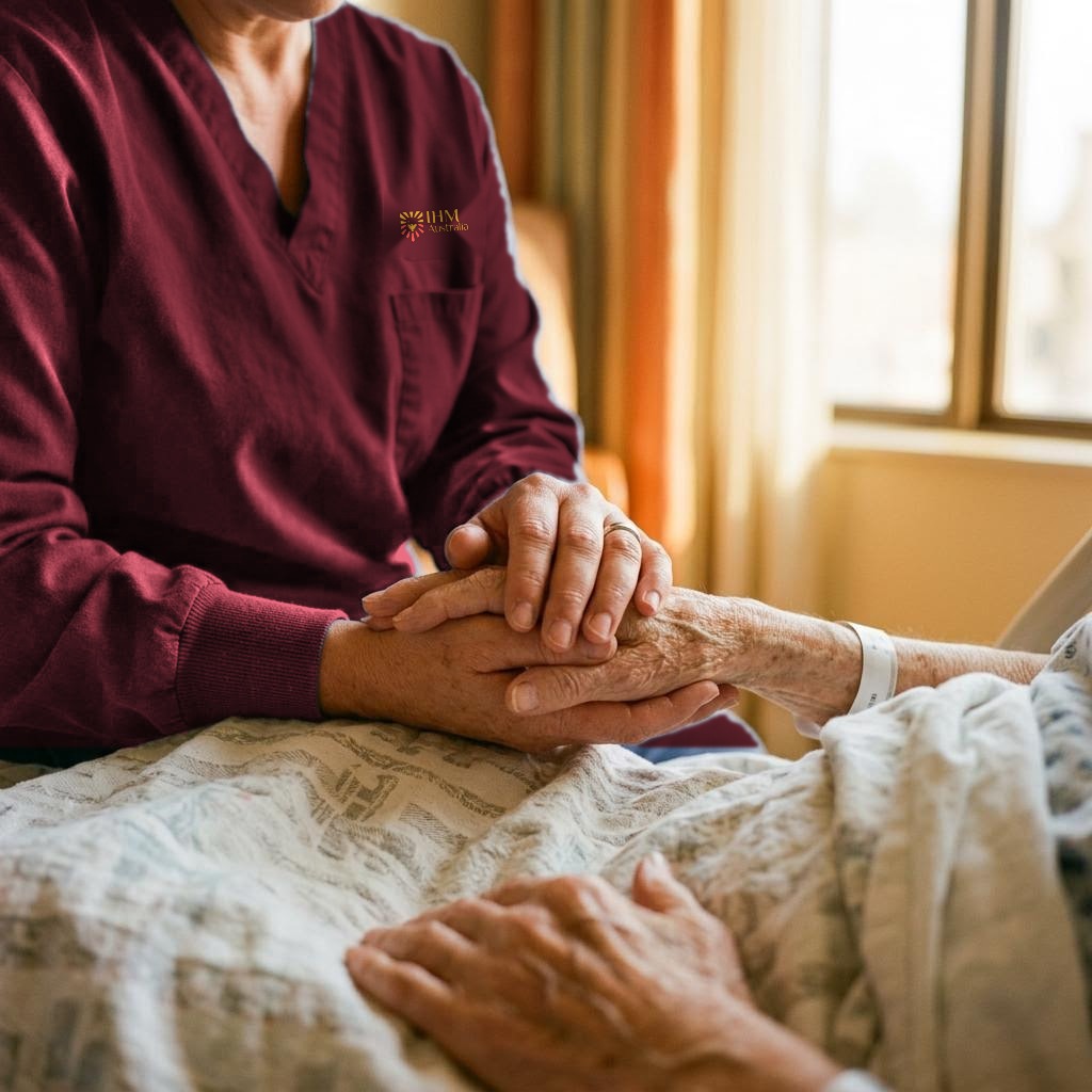 Illustrative image: a nurse holding an older patient's hand