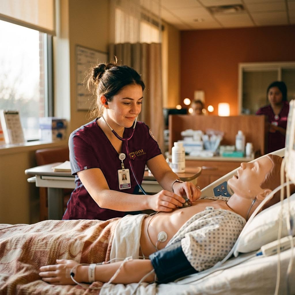 Illustrative image: a nursing student practising with a stethoscope in a simulation room