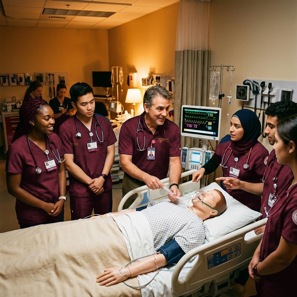Illustrative image: nursing students with an educator at a simulation bed