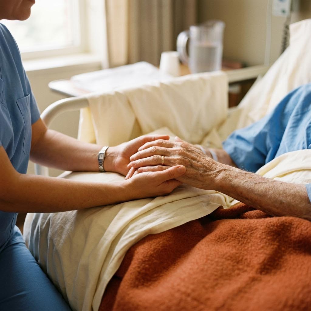 A nurse gently holding an older patient's hand