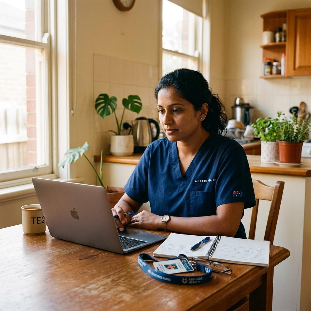 A nurse studying at her kitchen table after a shift