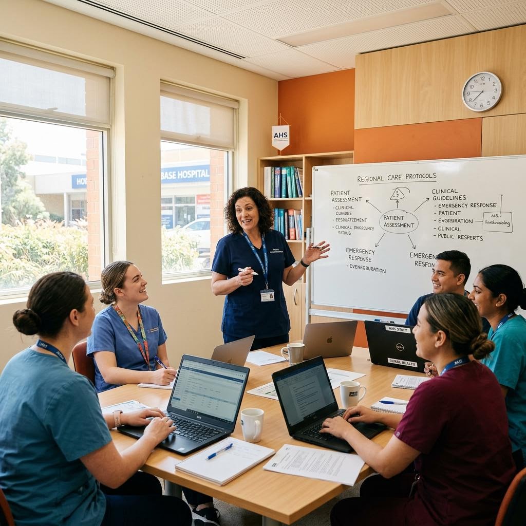 A nurse educator leading a small group of hospital nurses