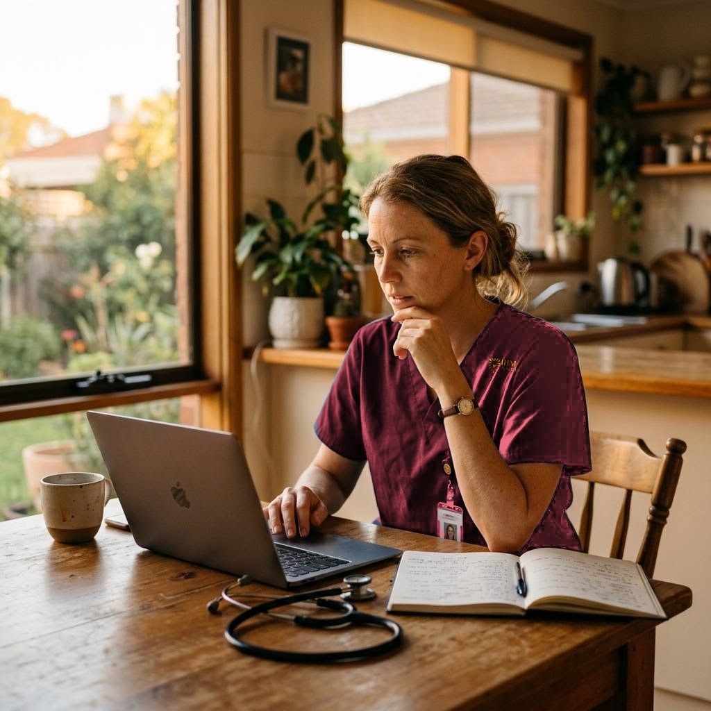 A registered nurse studying online at home after a shift