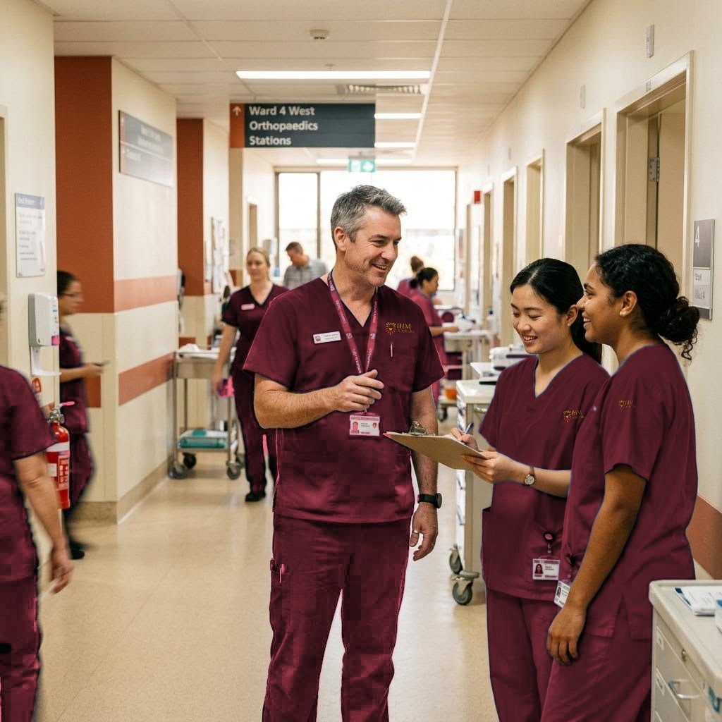 An experienced nurse mentoring colleagues in a hospital corridor
